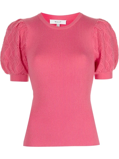 Milly Rib Pointelle Short Sleeve Sweater In Watermelon