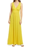 Loveappella V-neck Jersey Maxi Dress In Yellow