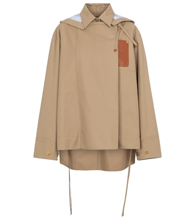 Loewe Hooded Leather-trimmed Cutout Cotton-twill Jacket In Brown