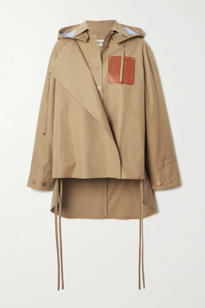 Loewe Hooded Leather-trimmed Cutout Cotton-twill Jacket In Brown