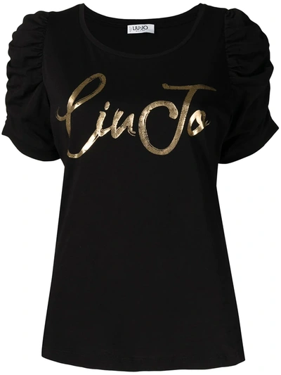 Liu •jo Logo-print Puff-sleeves T-shirt In Black