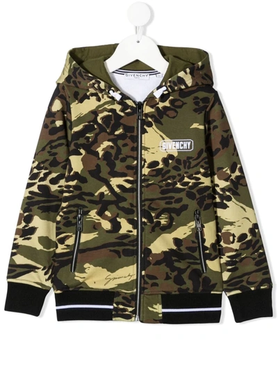 Givenchy Kids' Camouflage Cotton Zip Sweatshirt Hoodie In Military Green