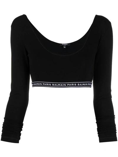 Balmain Long-sleeve Elastic-band Jersey Crop Top In Black