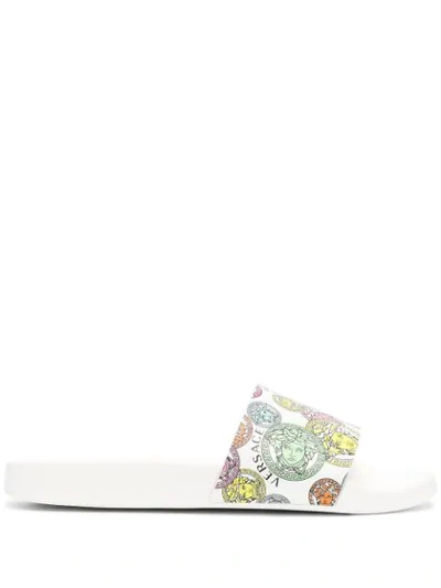 Versace Medallion Coin Pool Slide Sandals In White