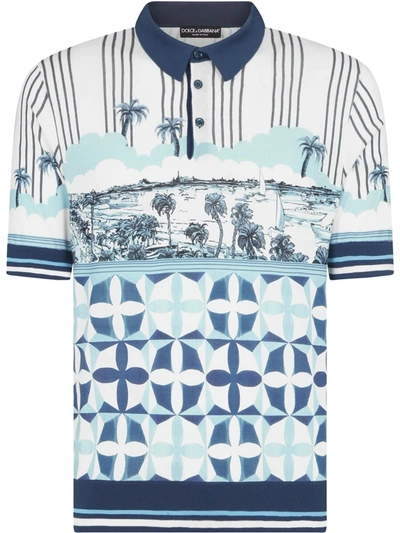 Dolce & Gabbana Majolica-print Polo Shirt In Light Blue