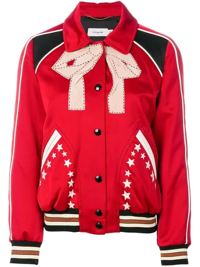 Coach Embroidered Satin Bomber Jacket In Red