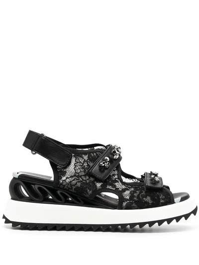 Le Silla Lace-embroidered Crystal-detail Sandals In Black