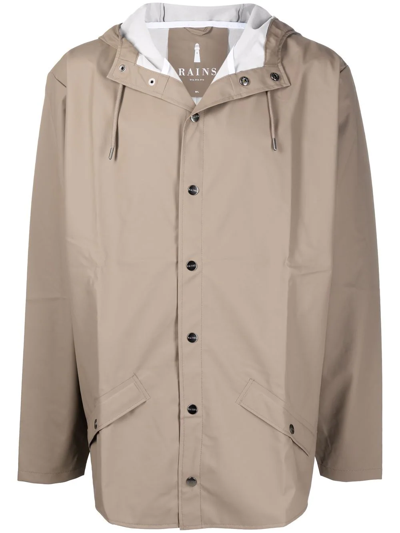 Rains Drawstring-hood Buttoned Rain Jacket In Brown