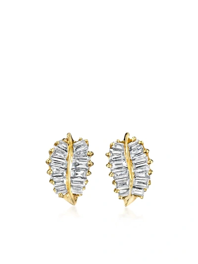 Anita Ko 18k Yellow Gold Small Palm Leaf Studs .39cts Baguette Diamonds In Not Applicable