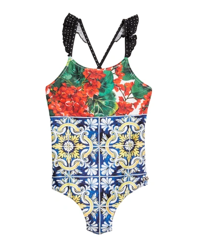 Dolce & Gabbana Kids' Girl's Mixed-print Ruffle One-piece Swimsuit In Variante Abbinata