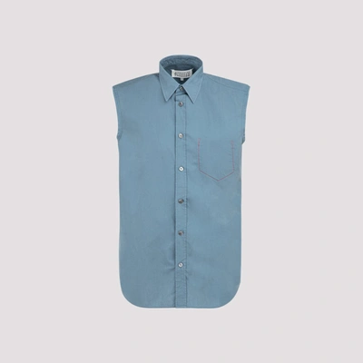 Maison Margiela Men's Sleeveless Point-collar Shirt W/ Pocket In Blue
