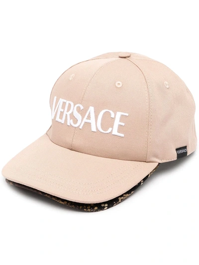 Versace Logo-embroidered Snake-print Canvas Baseball Cap In Beige