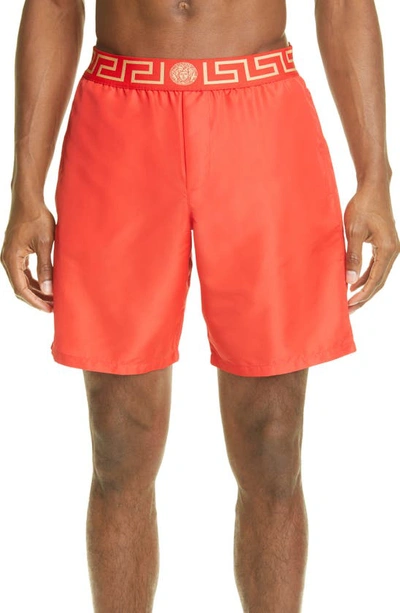 Versace Medusa Logo Swim Trunks In Red