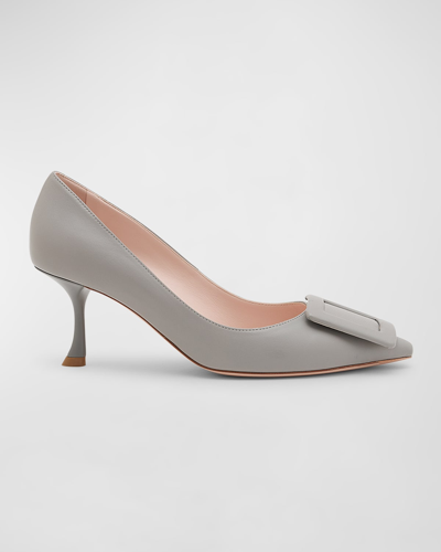 Roger Vivier Viv In The City Leather Buckle Pumps In Grigio Chiaro