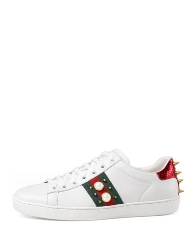 Gucci White Pearls And Studs Ace Sneakers In 9064 White