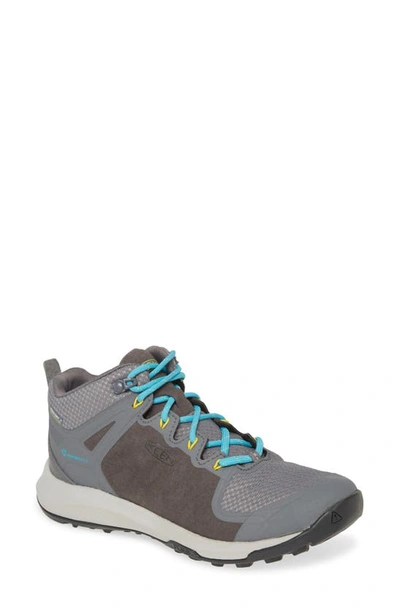 Keen Explore Waterproof Mid Top Trail Shoe In Steel Grey/ Bright Turquoise