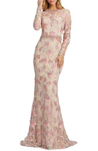 Mac Duggal Floral Embroidery Long Sleeve Trumpet Gown In Rose Pink