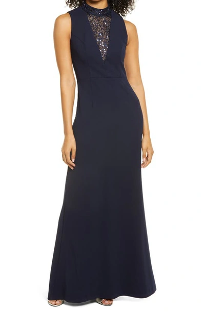 Vince Camuto Sequin Inset Mock Neck Sleeveless A-line Gown In Navy |  ModeSens