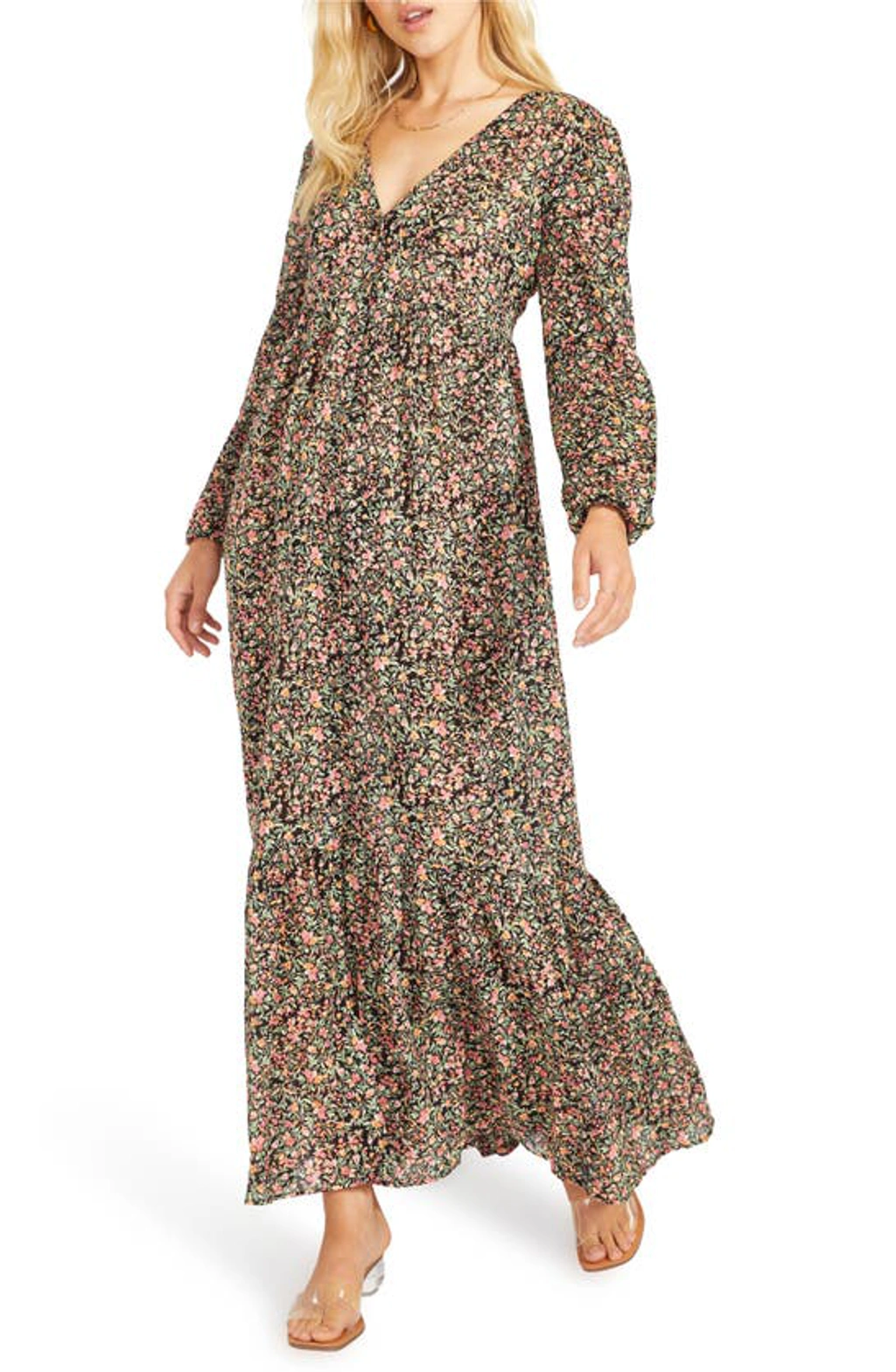 Bb Dakota Feature Length Film Floral Long Sleeve Maxi Dress In Black |  ModeSens