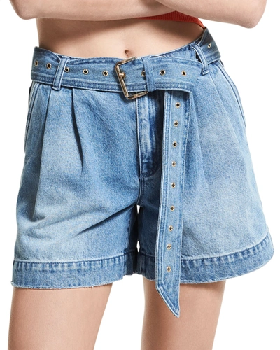 Michael Michael Kors Pleated Belted High Rise Denim Shorts In Vintage Classic Wash In Blue