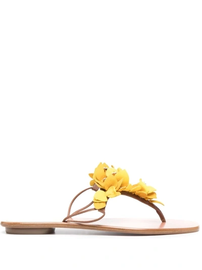 Aquazzura Bougainvillea 3-d Floral Thong Sandals In Yellow,brown