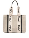 Chloé Woody Large Logo Canvas Shopper Tote Bag In White/brown Canvas