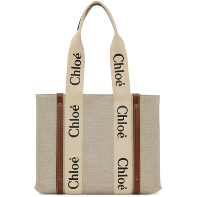 Chloé White & Brown Canvas Small Woody Tote In 1 90u White Brown
