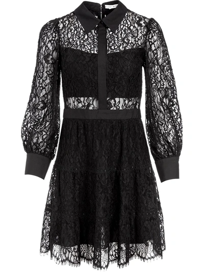 Alice And Olivia Anaya Collared Lace Tiered Short Dress In Black