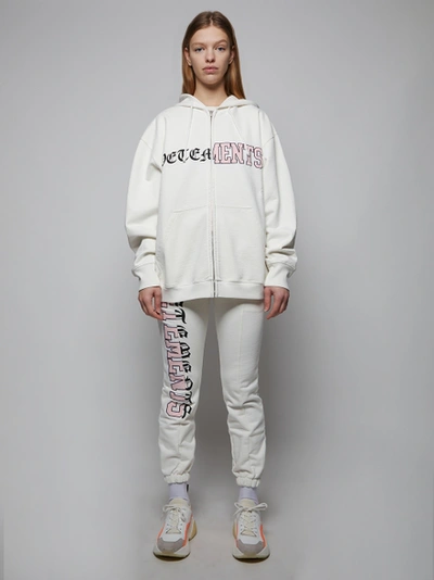 Vetements Contrast Spliced Logo Print Zip Up Hoodie In White