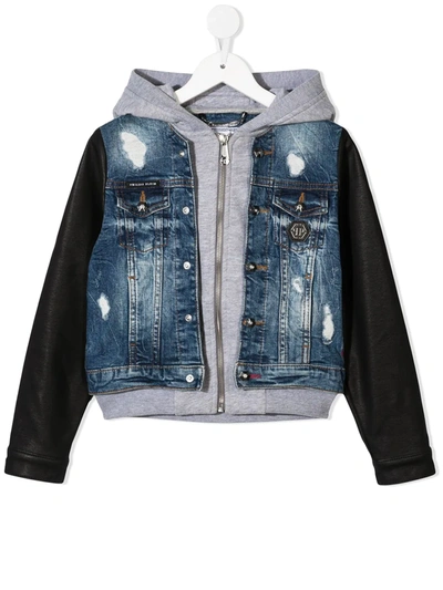 Philipp Plein Junior Kids' Layered Hooded Denim Jacket In Blue