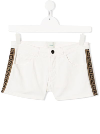 Fendi Teen Ff-logo Tape Denim Shorts In White