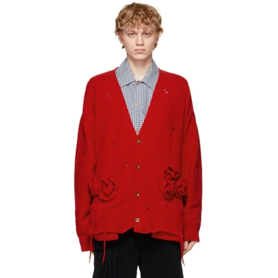 Doublet Distressed Rose-applique Cardigan In Red