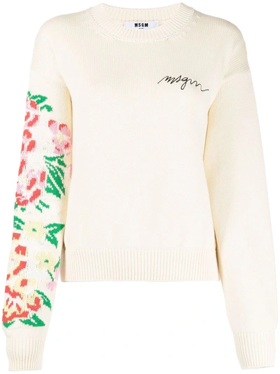 Msgm Floral-intarsia Logo-embroidered Cotton Sweater In White