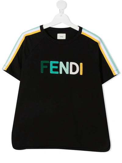 Fendi Teen Side-stripe Logo T-shirt In Black
