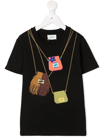 Fendi Kids' Black T-shirt For Girl With Bags In Nero
