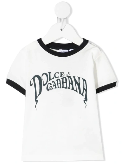 Dolce & Gabbana White T-shirt For Babyboy With Logo In Panna