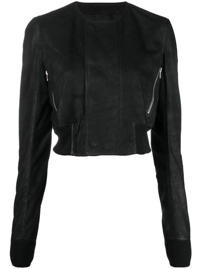 Rick Owens Treated Leather Cropped Bomber Jacket In Black