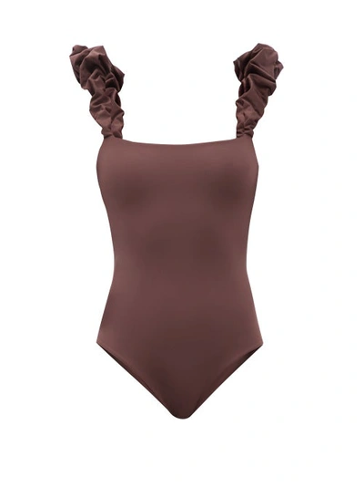 Maygel Coronel Denise Structured-ruffle Shoulder Swimsuit In Brown