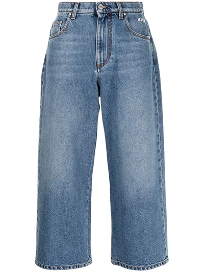 Msgm Cropped Embroidered-logo Jeans In Blue