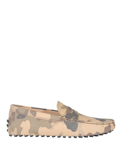 Tod's Camouflage Nubuck Loafers In Beige