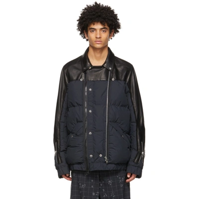 Undercover Sacai Printed Leather-panelled Quilted Shell Jacket In Black
