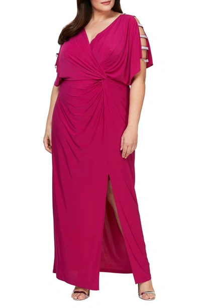 Alex Evenings Embellished Sleeve Knot Front Gown In Fuchsia