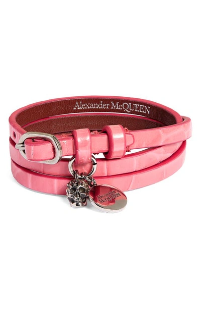 Alexander Mcqueen Pave Skull Charm Croc Embossed Leather Wrap Bracelet In Betony Pink