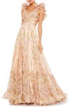 Mac Duggal Floral Chiffon Cutout Ballgown In Pink Multi