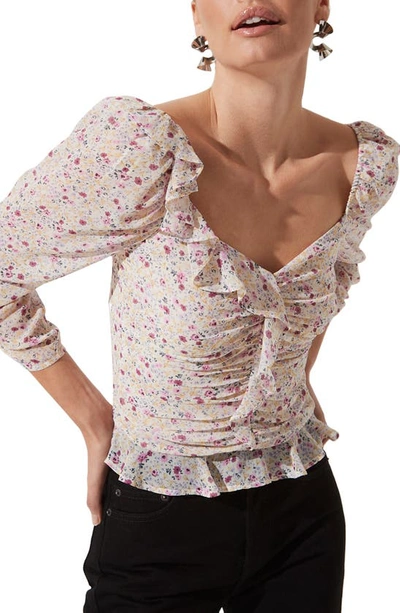 Astr The Label Ruched Sleeve Blouse In Purple Multi Ditsy