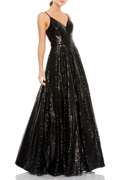 Ieena For Mac Duggal V Neck Sequin A Line Gown In Black