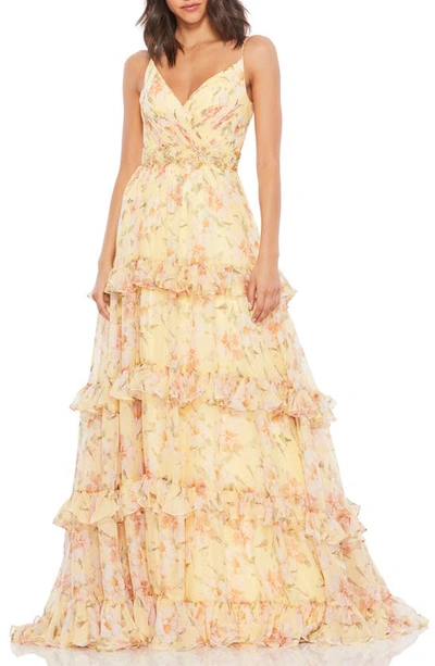 Mac Duggal Floral-print Ruffle-tiered A-line Gown In Lemon