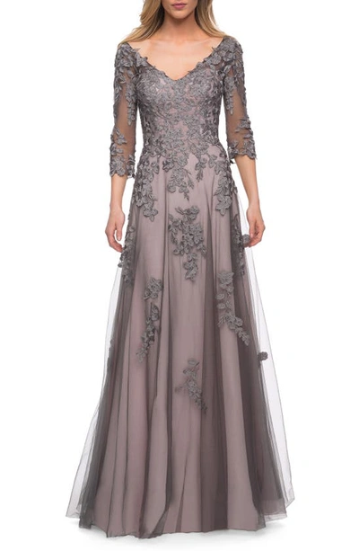 La Femme V-neck 3/4-sleeve Tulle Gown W/ Lace Applique In Grey