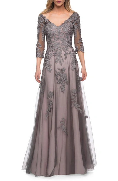La Femme V-neck 3/4-sleeve Tulle Gown W/ Lace Applique In Pink/gray
