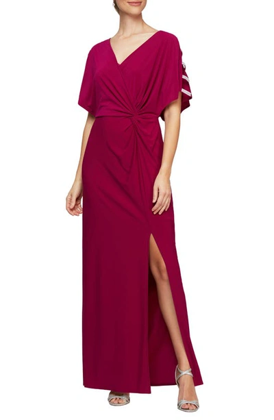 Alex Evenings Embellished Sleeve Knot Front Gown In Fuchsia